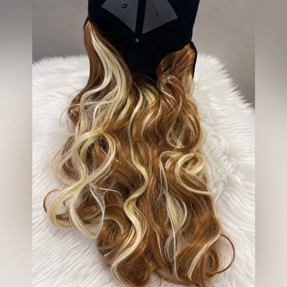 Long hundred percent Synthetic Wig Hat Cap – Copper Brown & Blonde Highlights